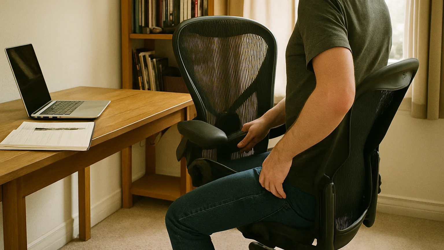 Realistic home office with ergonomic mesh chair